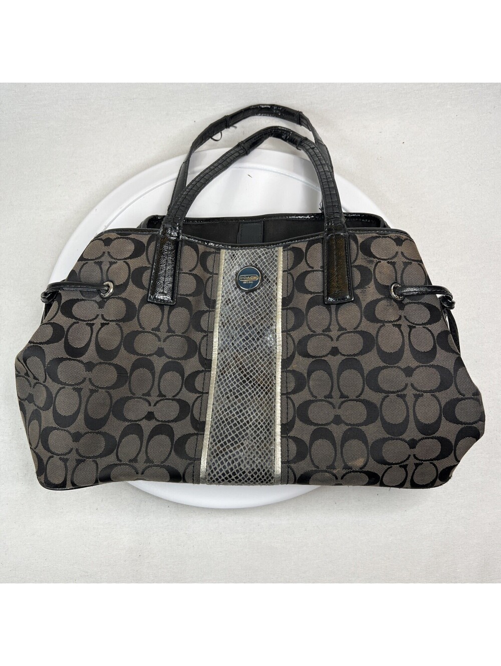 Coach Signature Stripe Python Print Carryall Handbag Black Snap G1380 F24882